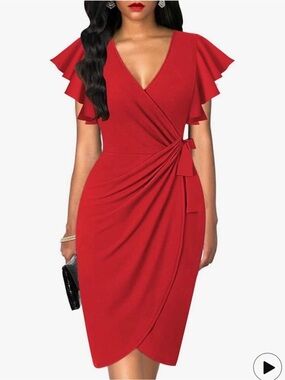 Elegant Red Wrap Midi Dress with Flutter Sleeves